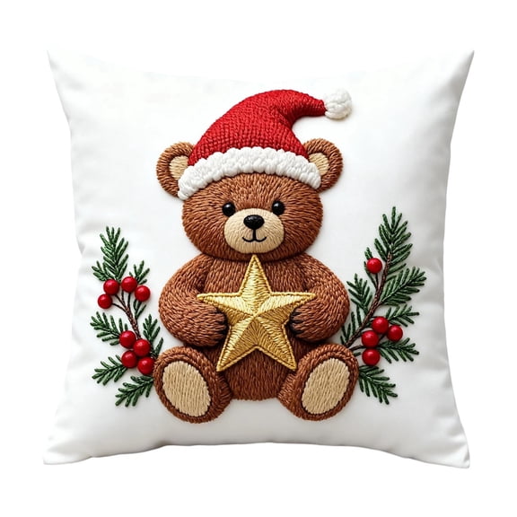 Chanana Christmas Bear Embroidered Throw Pillow Cover - Soft Chenille Holiday Decorative Cushion for Xmas Tree Decor, Winter Home Decor, Cozy Living Room Bedroom Sofa