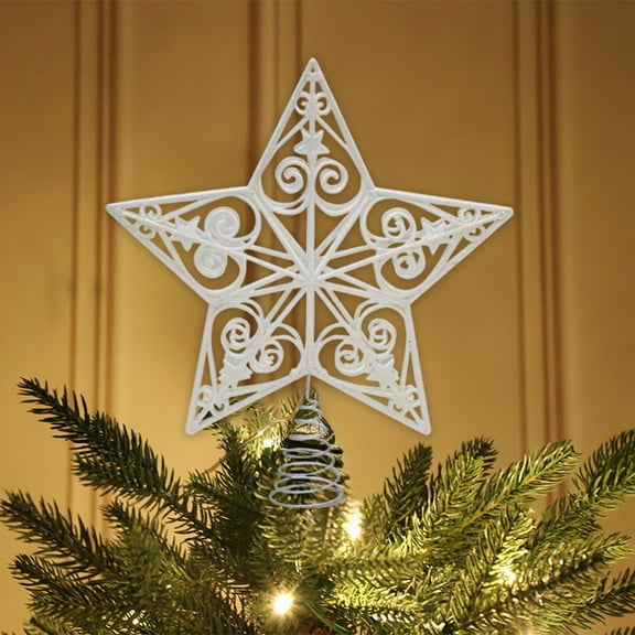 Chanana Christmas Star Tree Topper, 9.8 in Plug in White Glittered 3D Star Tree Topper, Metal Hollow Designed for Indoor Office Christmas New Year Holiday Tree Decoration