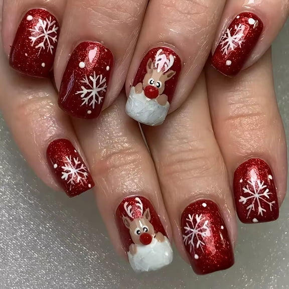 Chanana Cute Elk Snowflake Press on Nails Short Square Christmas Fake Nails Glossy Winter Christmas Glue on Nails Xmas Reusable Acrylic Nails for Women DIY New Year Nail Art