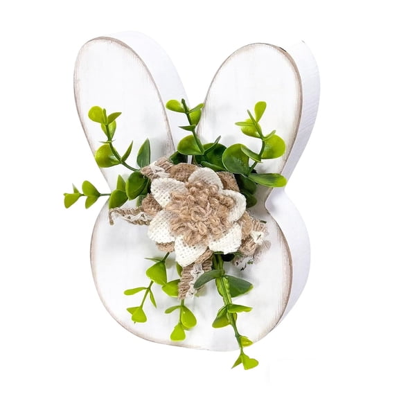 Chanana Easter Bunny Wooden Decor with Flowers, Rustic Bunny Table Signs, Farmhouse Rabbit Shape Wood Centerpiece for Easter Spring Party Tabletop Decor