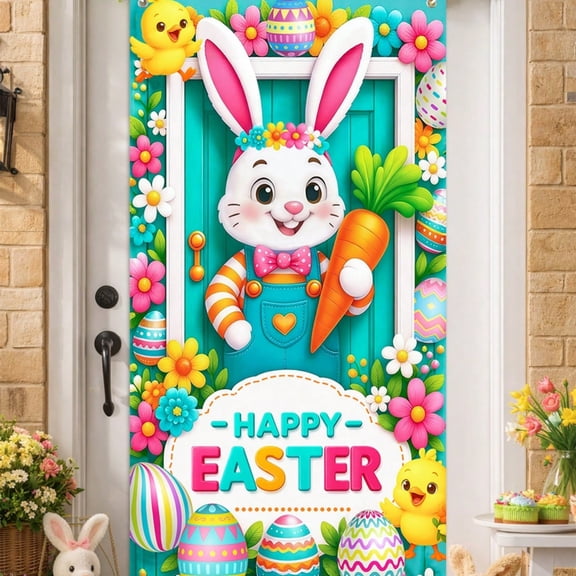 Chanana Easter Door Cover,Easter Door Decorations Bunny Egg Rabbit Hanging Banner Decor Farmhouse Holiday Decor Spring Party Decoration for Front Wall Backdrop Indoor Outdoor 71 x 35 Inch