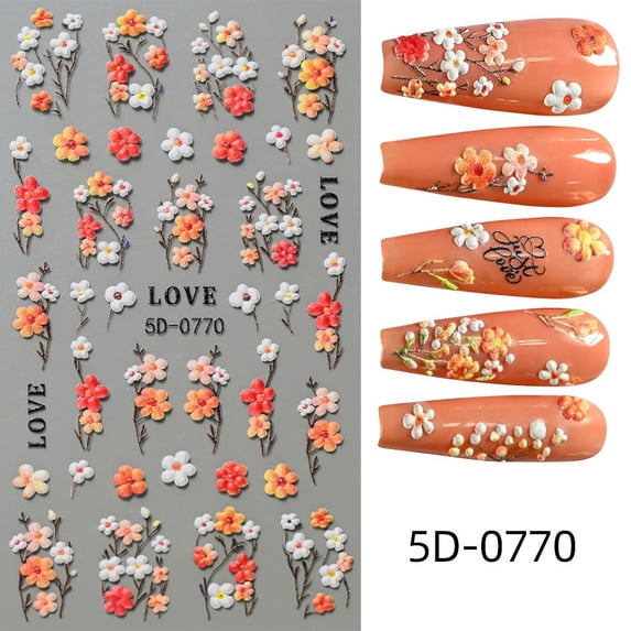 Chanana Embossed Flower Nail Art Stickers - Spring Floral Orange Floral Leaf Self-Adhesive 5D Nail Decals for DIY Spring Summer Manicure