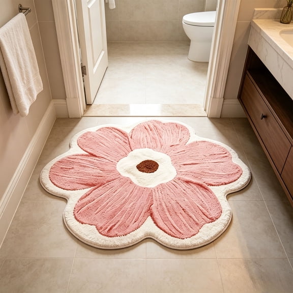 Chanana Flower Bath Rug, Funny Floral Bath Mat, Soft Plush Fluffy Pink Rug, Absorbent, Non-Slip for Bathroom, Kitchen Sink, Bedroom, Kid's Bedroom, and Living Room, 23.6"x23.6"