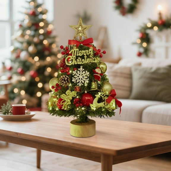 Chanana Mini Christmas Tree with Light 17.7 Inch Table Top Xmas Tree with Hanging Ornaments Gift Star Treetop Xmas Wreath Small Artificial Winter Tree for DIY Christmas Decorations