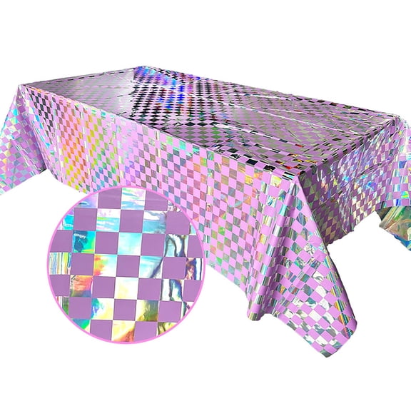 Chanana Pink Checkered Iridescent Tablecloth, 54x108 Inches Pink Silver Plastic Table Cover Disposable Table Cloth Birthday Decorations Princess Anniversary Bachelorette Party