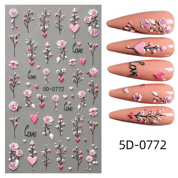 Chanana Pink Flower Nail Art Stickers, Colorful Spring Daisy Nail Decals, 5D Embossed Self-Adhesive Design for Nail Art Floral Rose Flowers Transfer Sticker for Women Nail Decoration Supplies