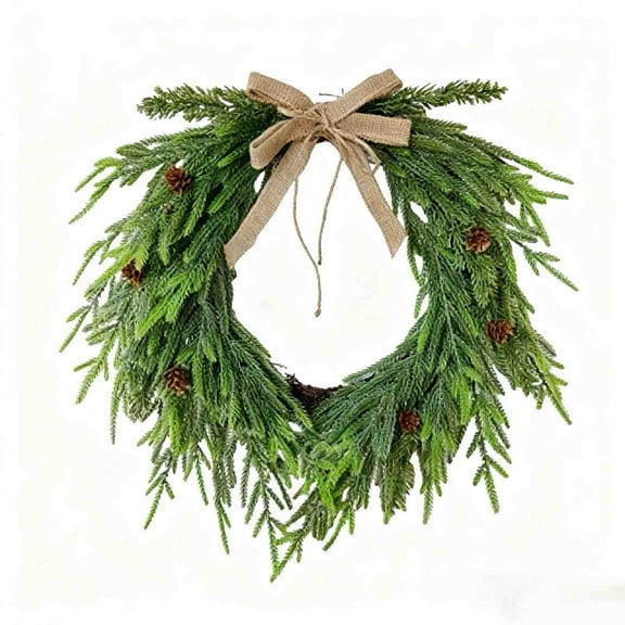 Chanana Plain Christmas Norfolk Pine Wreaths for Front Door 15.8", Real Touch Heart Xmas Winter Wreath with Burlap Bow for DIY Window Outdoor Outside, Holiday Farmhouse Wreath for Indoor Decor