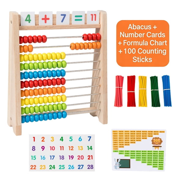 Chanana Preschool Math Learning Toy,10-Row Wooden Frame Abacus with Multi-Color Beads, Counting Sticks, Number Alphabet Cards, Gift for 3-8Years Old Boys Girls