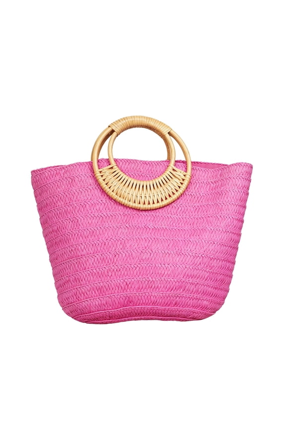 Round Rattan Ring Handle Straw Tote Bag, Women Handwoven Summer Beach Bag Large Capacity Woven Top Handle Purse for Vacation Daily Shopping, Hot Pink