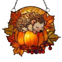 Chanana Sleeping Hedgehog on Pumpkin Acrylic Suncatcher Window Hanging, Autumn Halloween Thanksgiving Ornament for Nature Lovers, Fall Home Decoration, Housewarming Gift, Wall Hanging Decor