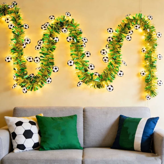 Chanana Soccer Theme Tinsel Garland String Lights, 197" Green Non-Shed Garland with Soccer Decor, Reusable Decor for Game Day Party, Sports Bar, Soccer Birthday & Team Banquet