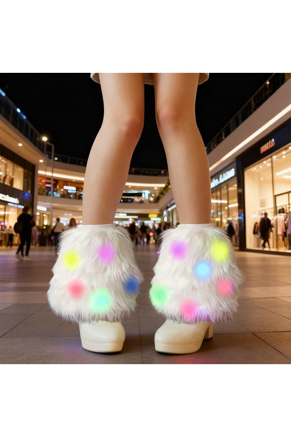 White Faux Fur Leg Warmers Light Up Rave LED Leg Cover 80s Winter Furry Long Boot Covers Fun Dance Hosiery for Women