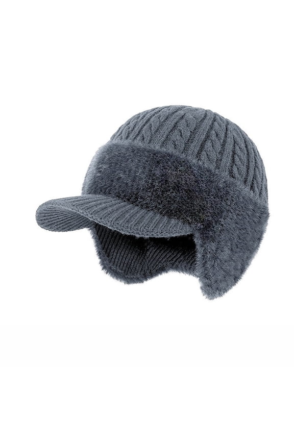 Winter Beanie with Brim and Ear Flaps for Men, Knitted hat with Fleece Lining for Warmth Caps for Men Women, Stylish Baseball Beanie, Gray