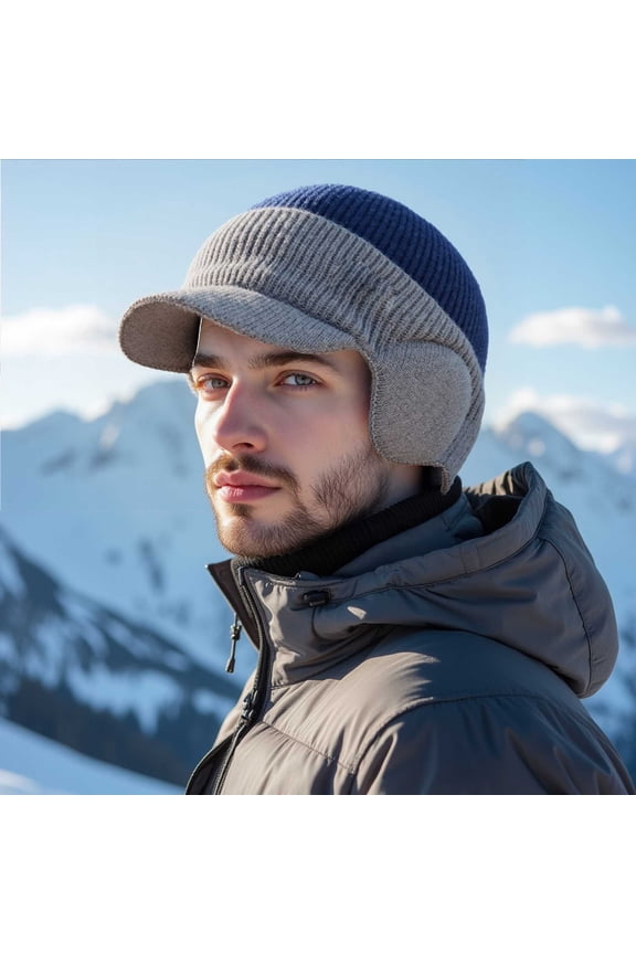 Winter Beanie with Brim and Ear Flaps for Men, Winter Hat with Visor & Earflaps, Knitted hat with Fleece Lining for Warmth Caps for Men Women