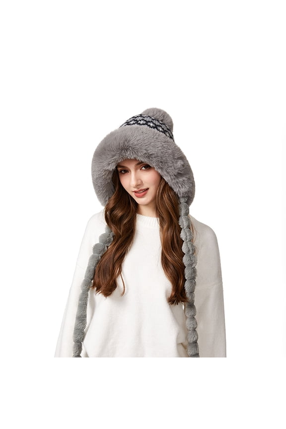 Women Winter Beanies Hat Earflap Peruvian Warm Slouchy Fleece Lined, Thick Warm Knitted Hat with Braided Hair, Cute Earm-covered Windproof Wool Hat