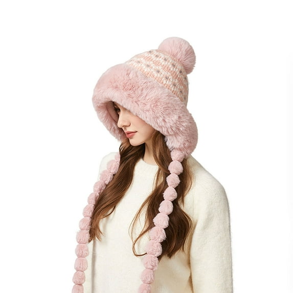 Chanana Women Winter Beanies Hat Earflap Peruvian Warm Slouchy Fleece Lined, Thick Warm Knitted Hat with Braided Hair, Cute Earm-covered Windproof Wool Hat