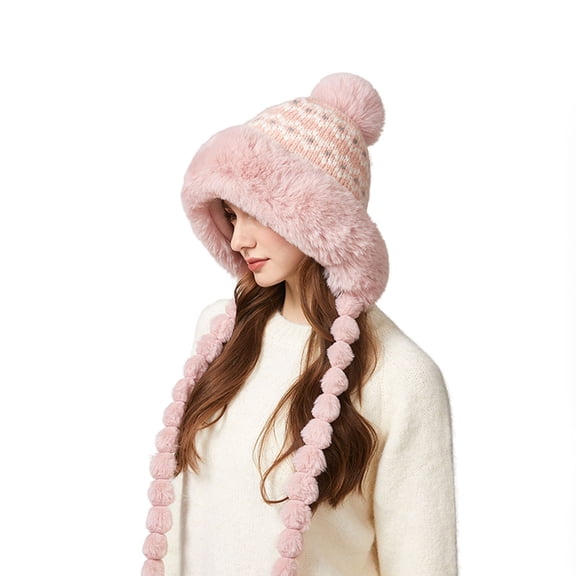 Chanana Women Winter Beanies Hat Earflap Peruvian Warm Slouchy Fleece Lined, Thick Warm Knitted Hat with Braided Hair, Cute Earm-covered Windproof Wool Hat