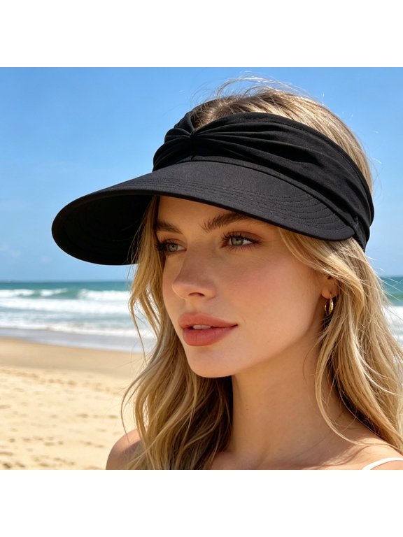 Women's UPF 50+ Sun Visor Hat, Twisted Design Wide Brim UV Protection Ponytail Cap, Lightweight Foldable Beach Hat for Golf Hiking Outdoor Activities Sport, Black