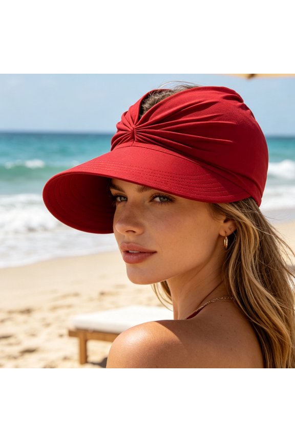 Women's UPF 50+ Sun Visor Hat, Twisted Design Wide Brim UV Protection Ponytail Cap, Lightweight Foldable Beach Hat for Golf Hiking Outdoor Activities Sport, Red
