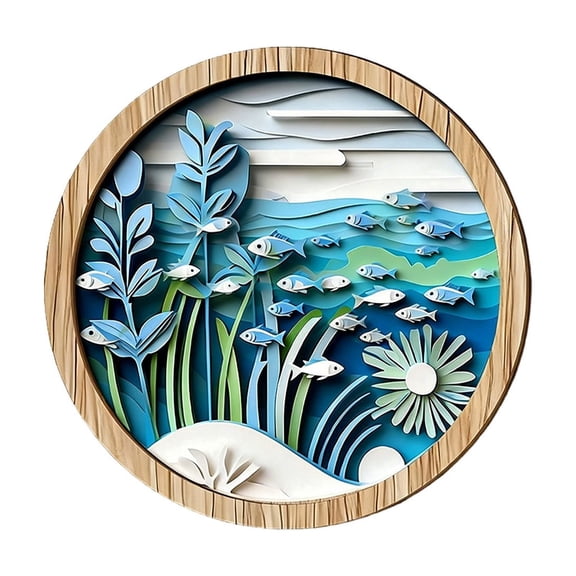Chanana Wooden 2D Ocean Style Wall Art Decor, Layered Paper-Cut Vision Style Coastal Scene Hanging Ornament, Round Marine Life Themed Home Decor for Living Room, Bedroom, Beach House Decoration