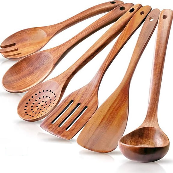 Chanana Wooden Spoons for Cooking, 6-Piece Natural Teak Wooden Utensils for Cooking — Heat Resistant, Non-Stick Safe, Wood Kitchen Utensil Set