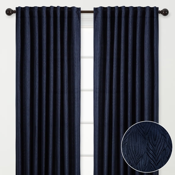 Chanasya 2-Panel Classy Embossed Leaf Textured Curtains - Back Tab, Ring Tab - for Windows Living Room Bedroom - Partial Room Darkening Drapes for Privacy - 52 x 108 Inches - Navy
