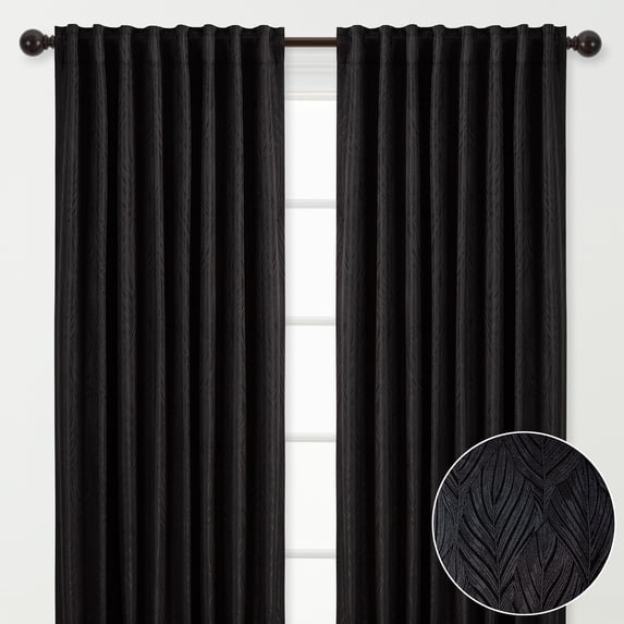 Chanasya 2-Panel Classy Embossed Leaf Textured Curtains - Back Tab, Ring Tab - for Windows Living Room Bedroom - Partial Room Darkening Drapes for Privacy - 52 x 63 Inches - Black