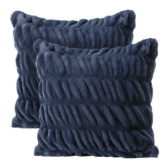 Chanasya 2-Piece Ruched Royal Faux Fur Pillow Cover Set - Fuzzy Plush Elegant Throw Pillow for Sofa Chair Couch and Bed with Reversible Velvet (18x18 Inches) Blue Chaorcoal