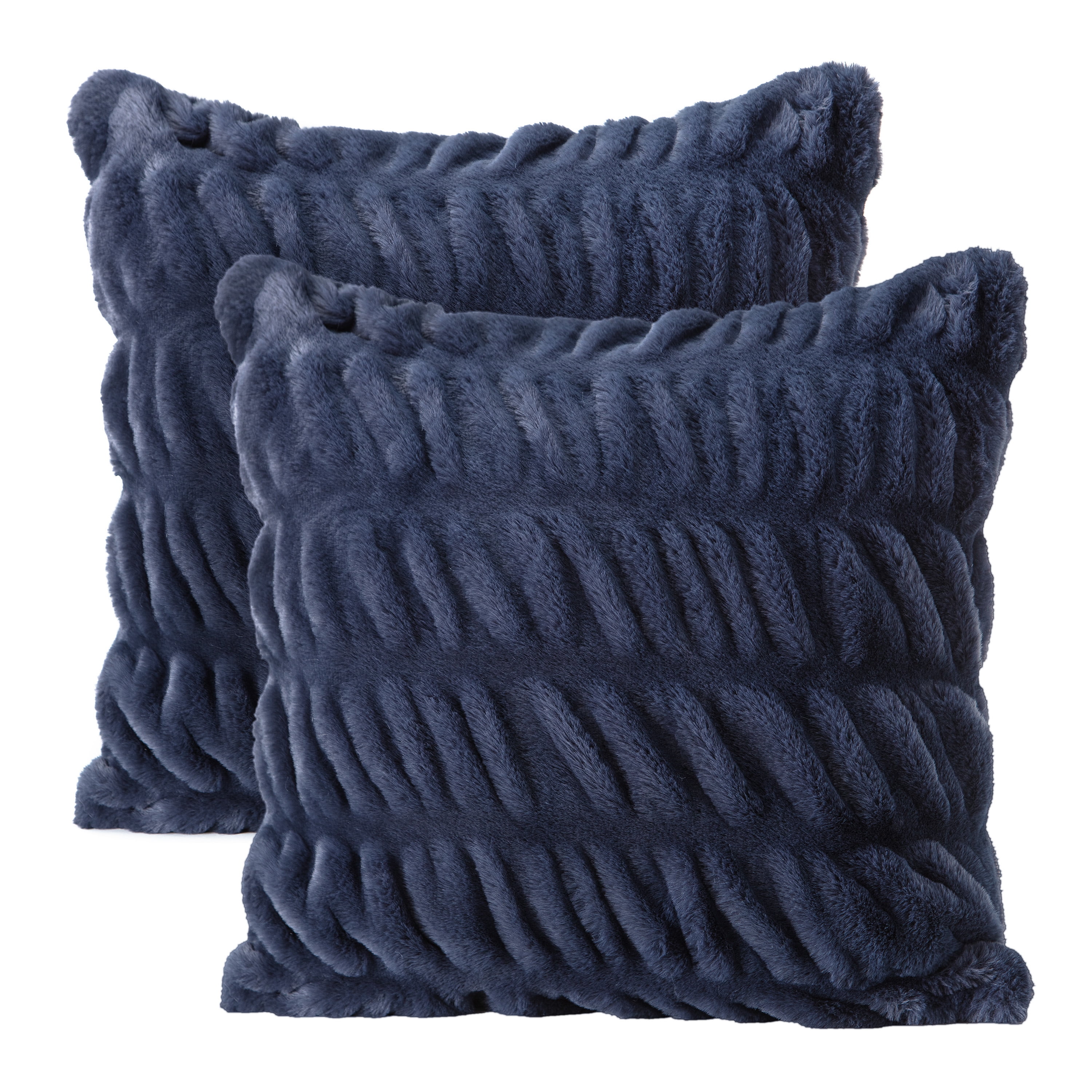 Blue Charcoal Ruched Faux Fur 18" x 18" Pillow Covers Set