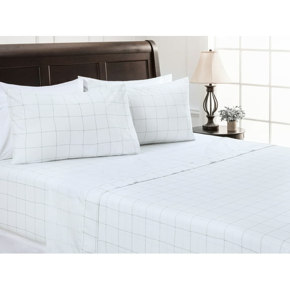 Chanasya 4-Piece Printed King Sheet Set - Ultra Soft Hand Drawn Square Line Print 1 Flat Sheet, 1 Fitted Sheet ,2 Pillowcases - Wrinkle Fade Stain Resistant - Brushed Microfiber - White - King