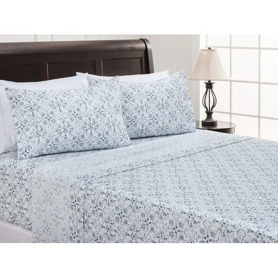 Chanasya 4-Piece Printed Queen Sheet Set - Ultra Soft Ceramic Blue White Print 1 Flat Sheet, 1 Fitted Sheet ,2 Pillowcases - Wrinkle Fade Stain Resistant - Luxurious Brushed Microfiber - Blue - Queen