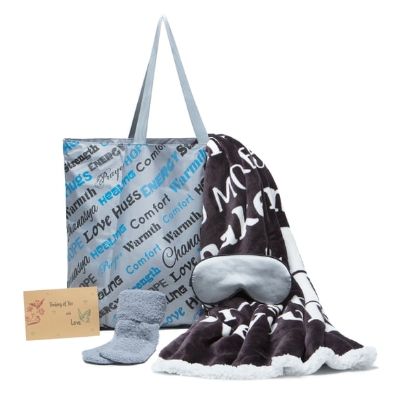 Chanasya 5-Piece Love You Miss You Message Gift Throw Blanket Combo Gift Pack - Thoughtful Gift for Men Boyfriend Husband - Loving Message, Eye Mask, Tote Bag, Socks, Thinking of You Card - Dark Gray