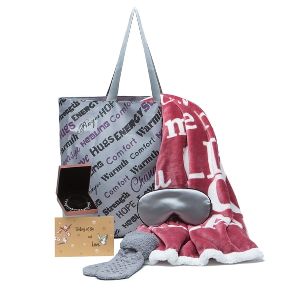 Chanasya 6-Piece Love You Miss You Message Throw Blanket and Heart Bracelet Combo Gift Pack - Thoughtful Gift for Women Girlfriend - Loving Message , Bracelet, EyeMask, Tote Bag, Socks, Card - DryRose