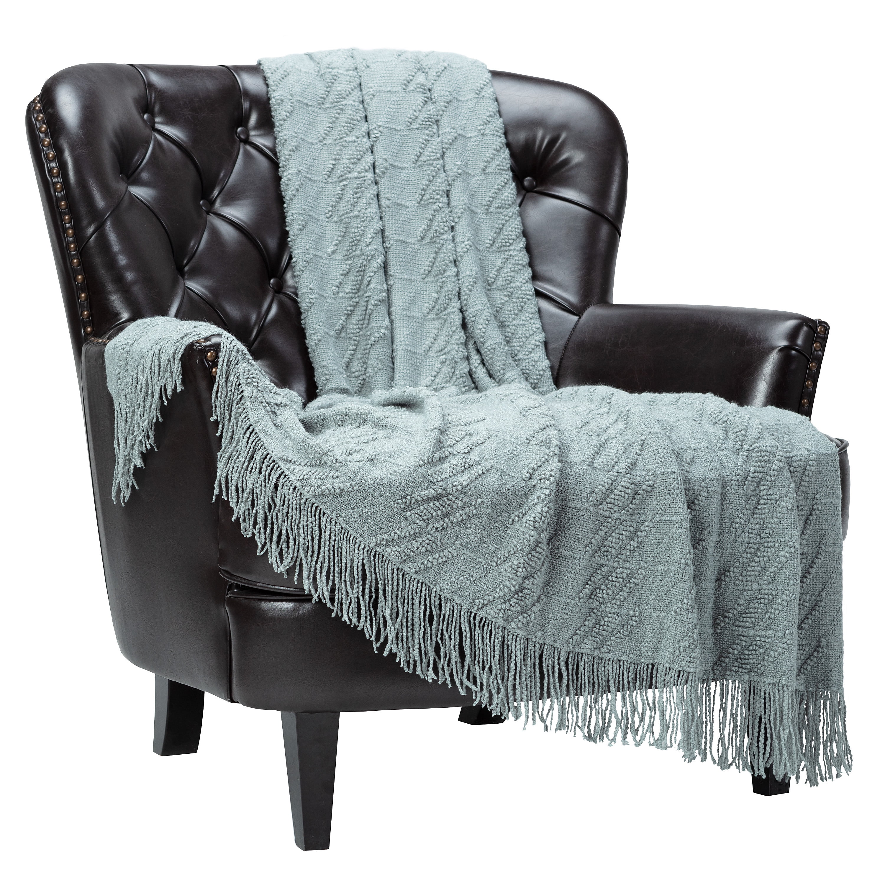 Sage Green Acrylic Knit Throw Blanket with Tassels, 50x65 Inches