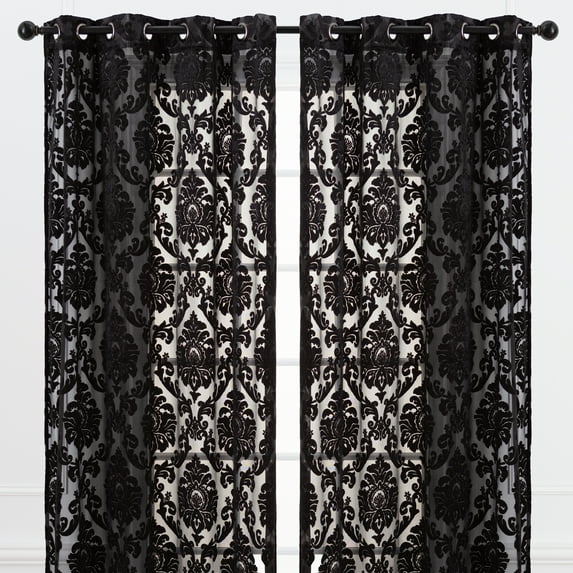 Chanasya Black Velvet Sheer Damask Curtains - 96 Inch Panels - Classy Elegant Textured Vintage Grommet Curtain Light Filtering Drapes for Living Room Bedroom Kitchen - Light Filtering 2 Panel Set