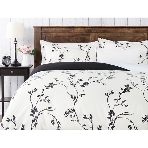 Chanasya Brushed Microfiber Black Floral Print Reversible Comforter Set, 3 Piece, Queen