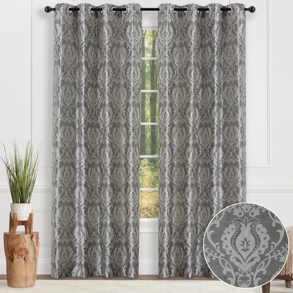 Chanasya Damask Pattern Luxury Gray Curtains - 84 Inch Panels with Grommets - for Living Room Windows Bedroom Kitchen Dining - Elegant Jacquard Vintage Classy Design - Room Darkening 2 Panel Set