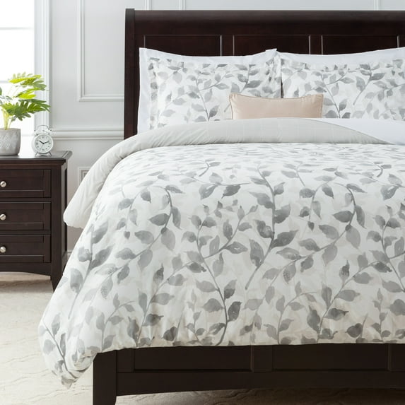 Chanasya Duvet Cover Queen Set Ultra Soft Layered Leaf Print 3-Piece Reversible Bedding - Brushed Microfiber Comforter Cover - Zipper Closure (1 Duvet Cover & 2 Pillow Shams) Gray Creme - Queen
