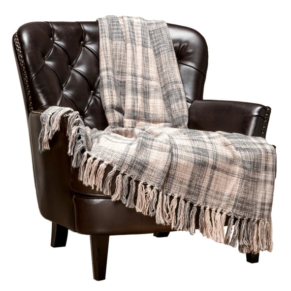 Chanasya Farmhouse Pattern Plaid Throw Blanket Lightweight Knit Textured Woven Decorative Blanket for Sofa Couch Bed Living Room Blanket with Tassels Fringed Throw Blanket (50x65 Inches) Gray Blue