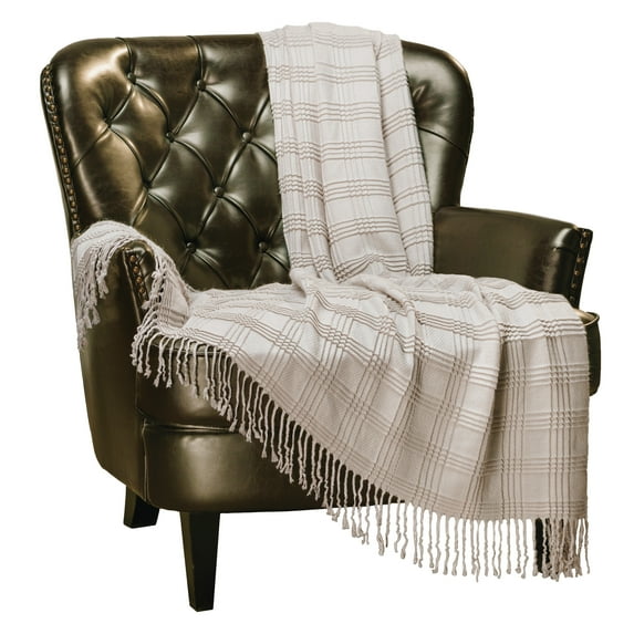 Chanasya Pleated Solid Plaid Acrylic Throw Blanket With Tassels - Lightweight and Super Soft Modern Woven Blanket for Couch, Home, Living Room, and Bedroom Décor (50x65 Inches) Light Taupe
