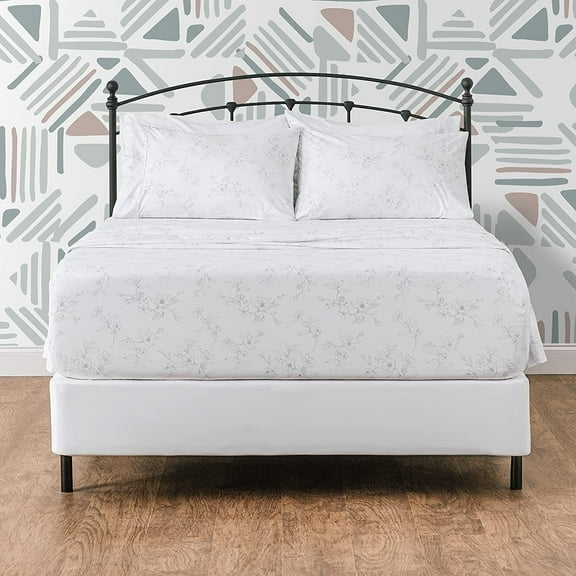 Chanasya Premium Printed King Bed Sheet Set 4-Piece - Soft Hand Drawn Sketch Floral Print -1 Flat 1 Fitted Sheet 2 Pillowcases - Wrinkle Resistant Microfiber Sheets - White - King