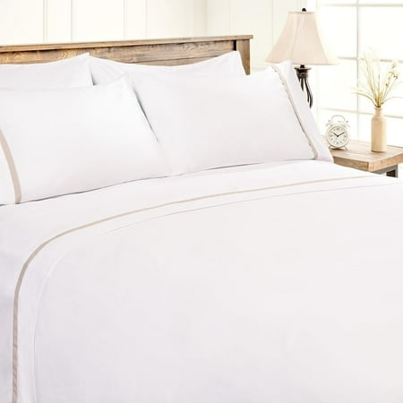 Chanasya Premium Ribbon Embroidered Sheet Set - Double Brushed Modern Traditional Microfiber Sheet Set - Fitted Sheet, Flat Sheet & 2 Pillow Covers - 4-Piece Set - Beige, Queen Size
