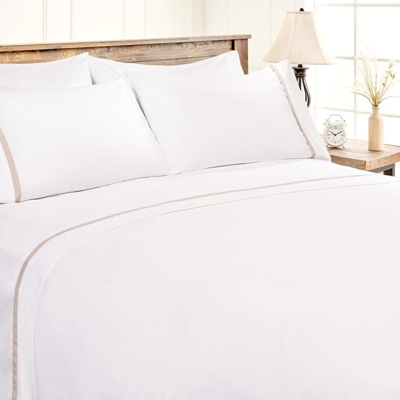 Chanasya Premium Ribbon Embroidered Sheet Set - Double Brushed Modern Traditional Microfiber Sheet Set - Fitted Sheet, Flat Sheet & 2 Pillow Covers - 4-Piece Set - Beige, Queen Size