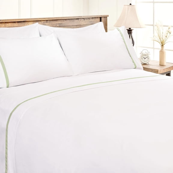 Chanasya Premium Ribbon Embroidered Sheet Set - Double Brushed Modern Traditional Microfiber Sheet Set - Fitted Sheet, Flat Sheet & 2 Pillow Covers - 4-Piece Set - Sage, Queen Size
