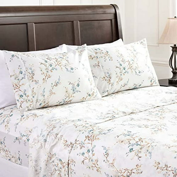 Chanasya Premium Traditional Floral Printed Elegant Patterned Queen Bed Sheet Set 4-Piece - 1 Flat Sheet 1 Fitted Sheet and 2 Pillowcases - Ultra Soft Microfiber Sheets - Blue
