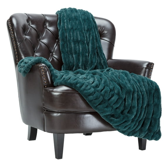 Chanasya Ruched Royal Faux Fur Throw Blanket - Fuzzy Plush Elegant Blanket for Sofa Chair Couch and Bed with Reversible Velvet Blanket (50x65 Inches) Teal