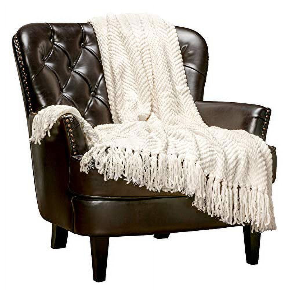 Cream Knitted Acrylic Throw Blanket with Tassels