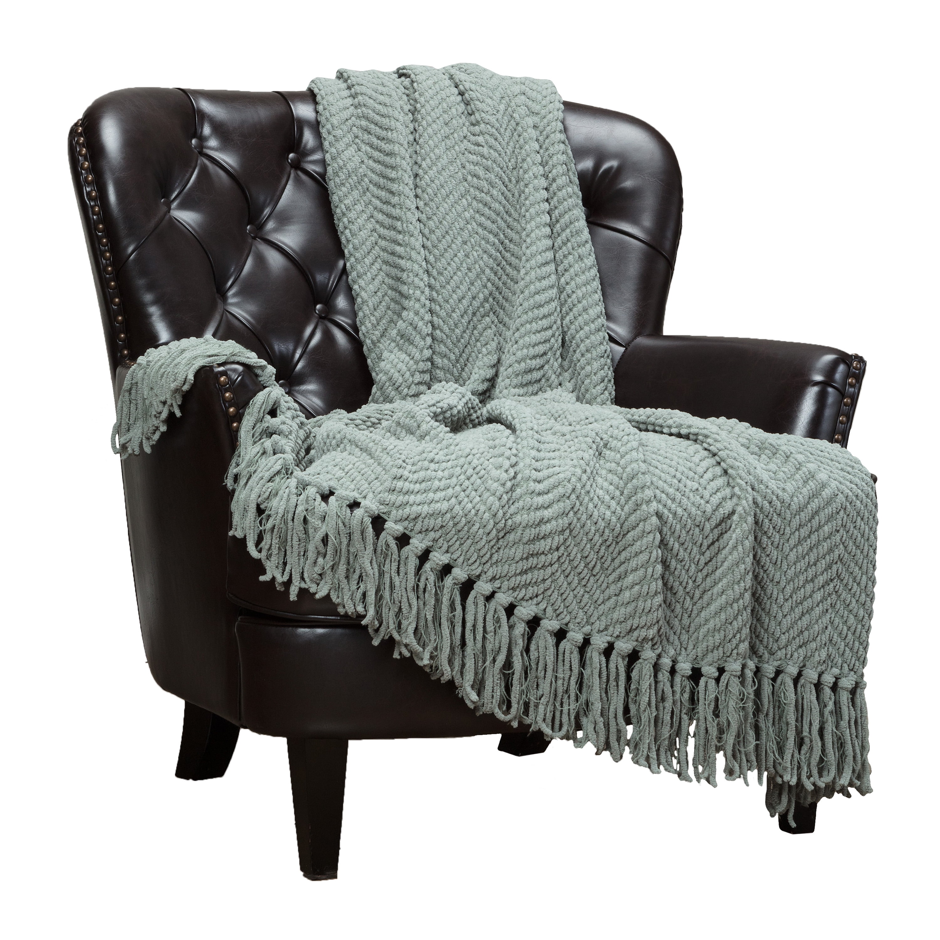 Tan Sage Knitted Throw Blanket with Tassels - 50" x 65"