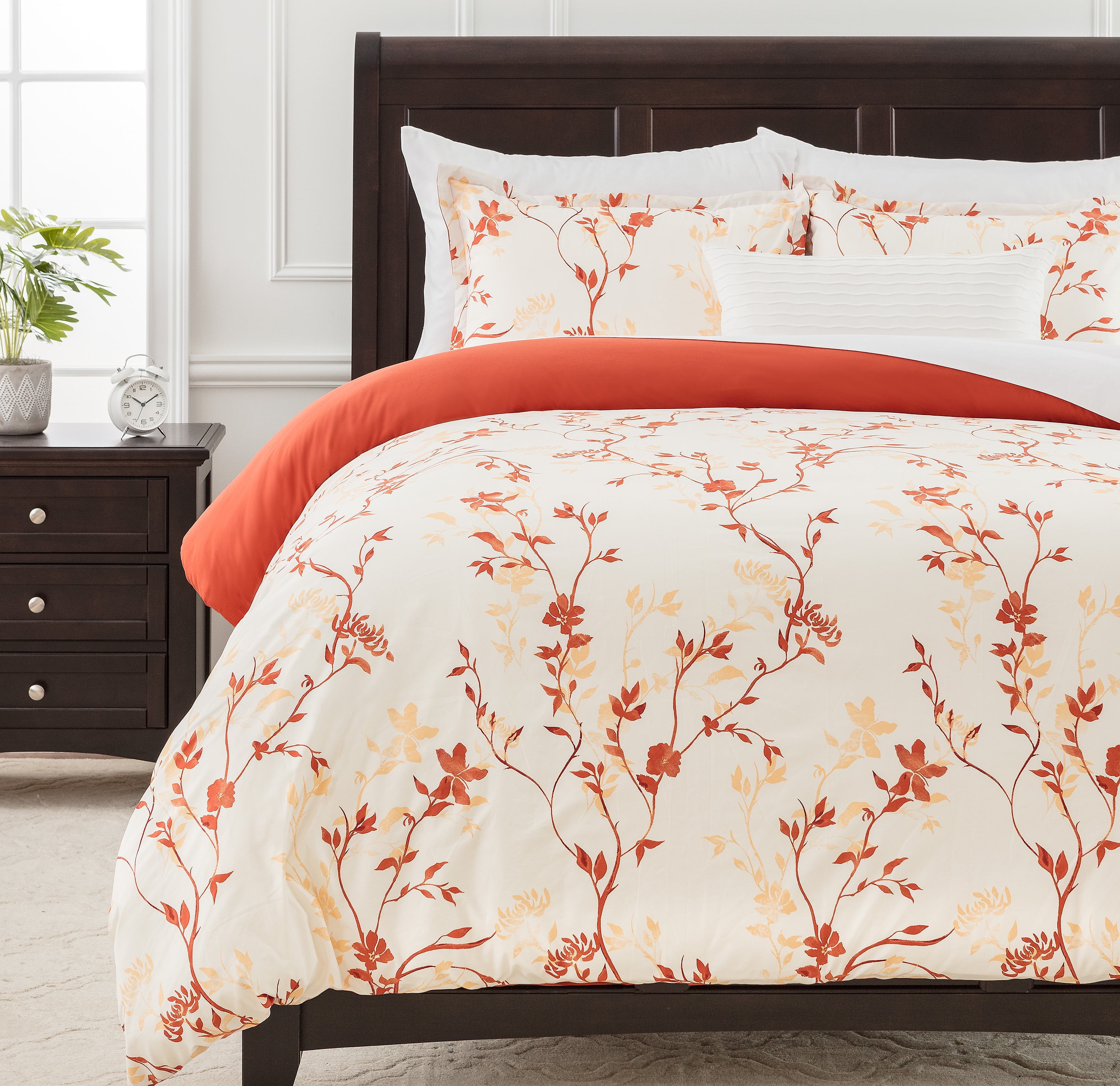 Twin Orange Floral Print Reversible Microfiber Duvet Cover Set