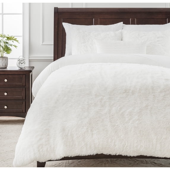 Chanasya Ultra Soft Longfur 3-Piece Bedding King Duvet Cover Set - Shaggy Chic Fuzzy Faux Fur Comforter Cover - Zipper Closure Reversible Mink (1 Duvet Cover & 2 Pillowcases ) White - King